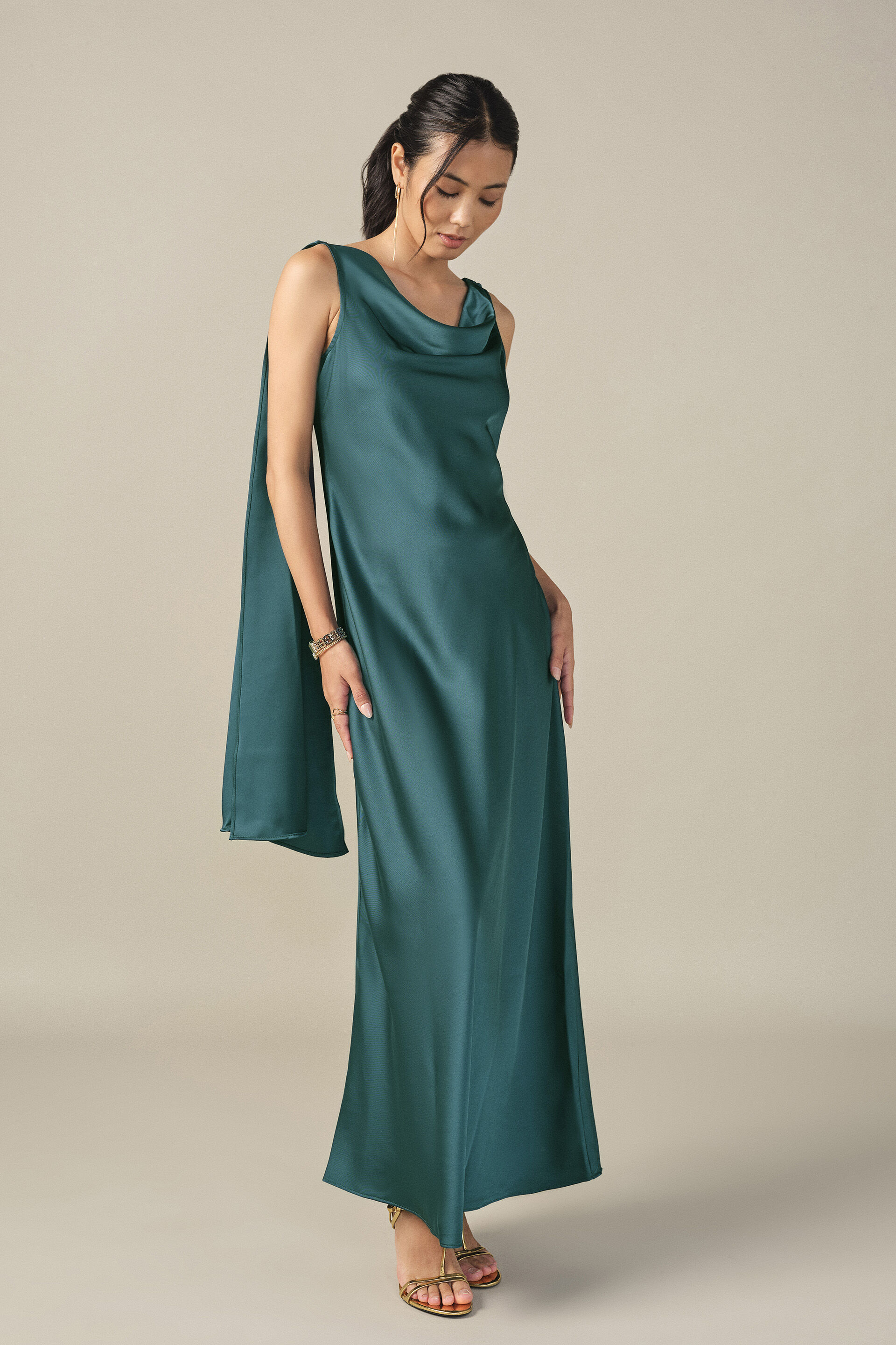 Cowl Maxi Satin Gown in Teal, Teal, image 4
